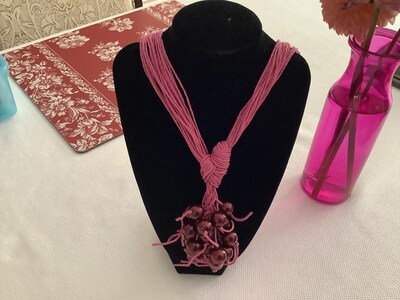 String necklace with cranberry wooden beads. Pink tones. 22” - image2